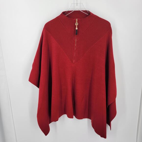 Anne Klein Poncho Womens Large Knit Red Mock Neck Half Zip Ribbed Neckline - Picture 5 of 11